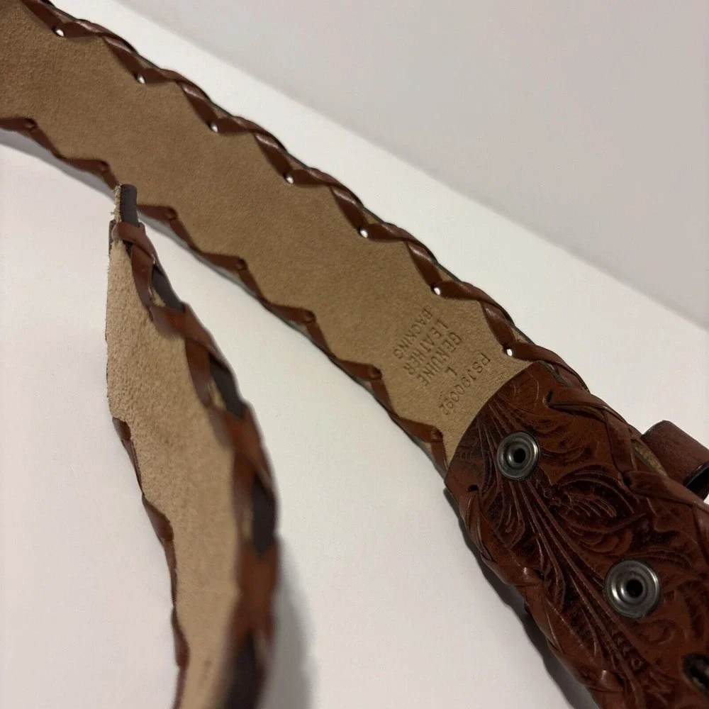 EUC‎ Embossed Tooled Camel Brown Western Cowgirl Floral Leather Belt Size Large